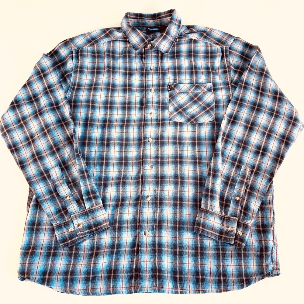 KAVU Mens XL Blue Plaid Flannel Long Sleeve Button Down Shirt Outdoor Hiking